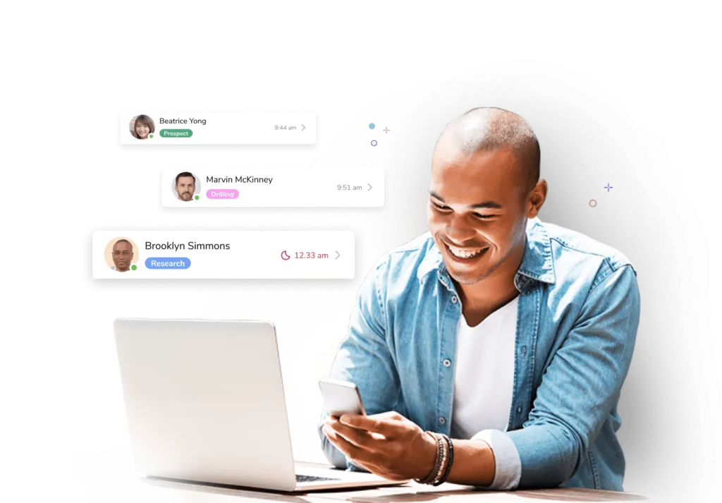 Man on mobile device, time tracking members' activities