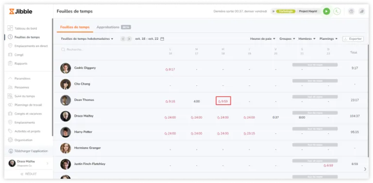 Clicking on a time to access detailed timesheets