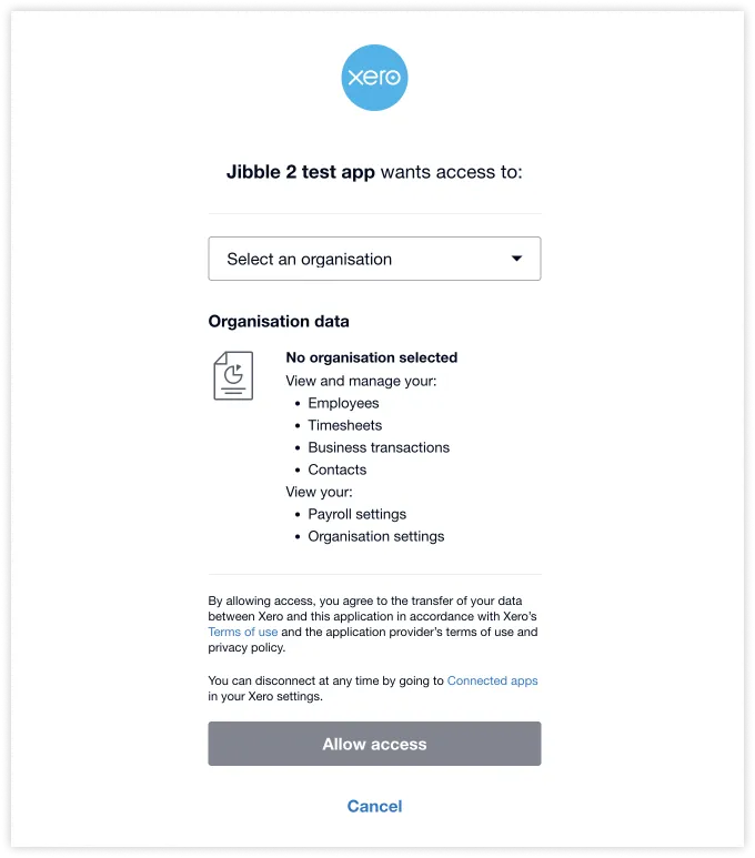 Memverifikasi akses Xero ke Jibble
