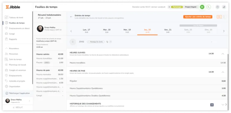 Breakdown of hours shown on timesheets on the web app