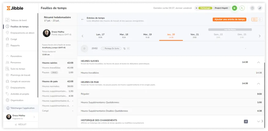 Breakdown of hours shown on timesheets on the web app