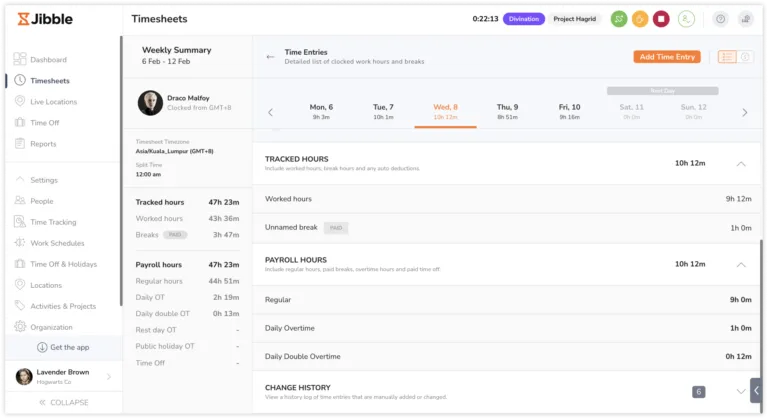 Breakdown of hours shown on timesheets on the web app