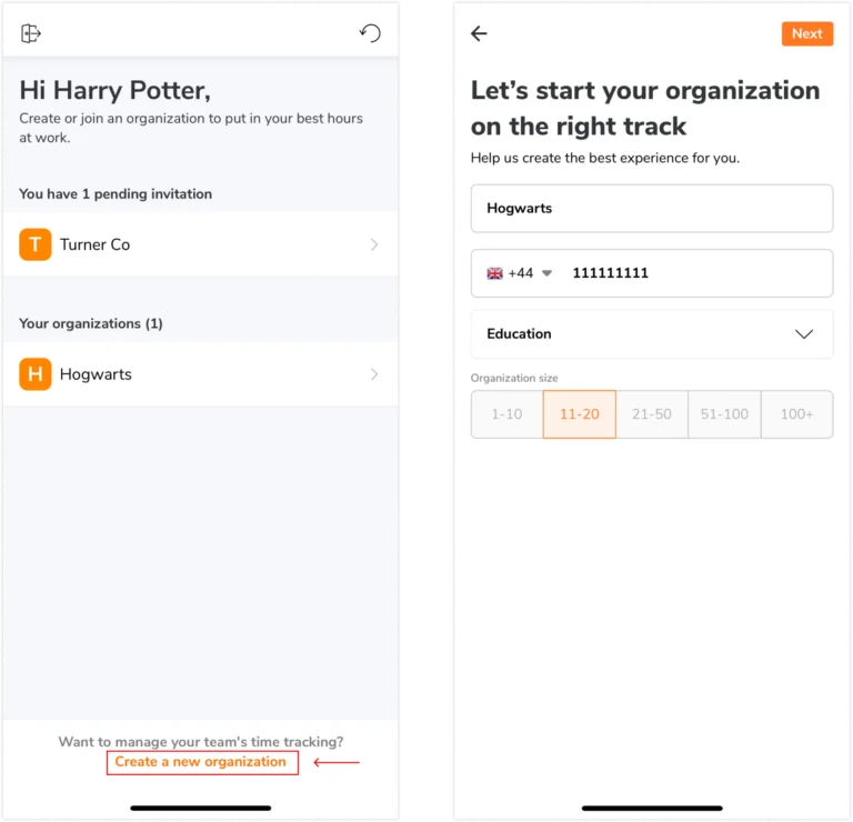 Creating a new organization on mobile