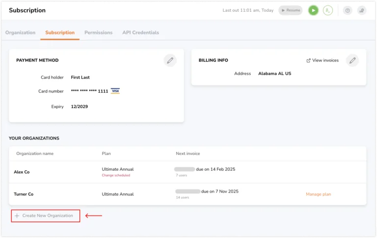 Creating a new organization via subscription tab on web