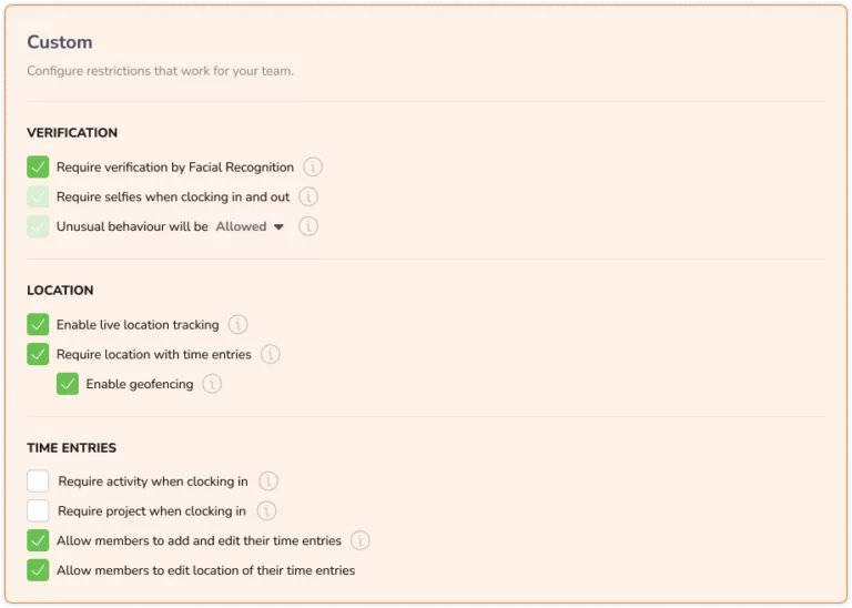 Custom time clock restrictions