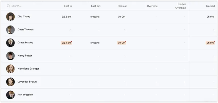 Daily team timesheets updated in real-time and shown as a red indicator when new time entries are added