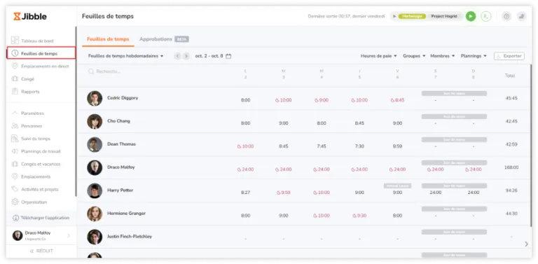 Daily timesheets view on the web app