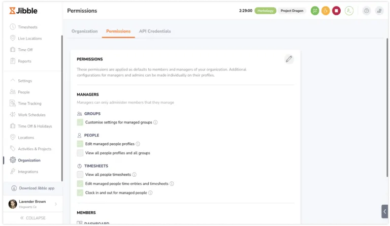 Default role permissions under organization tab