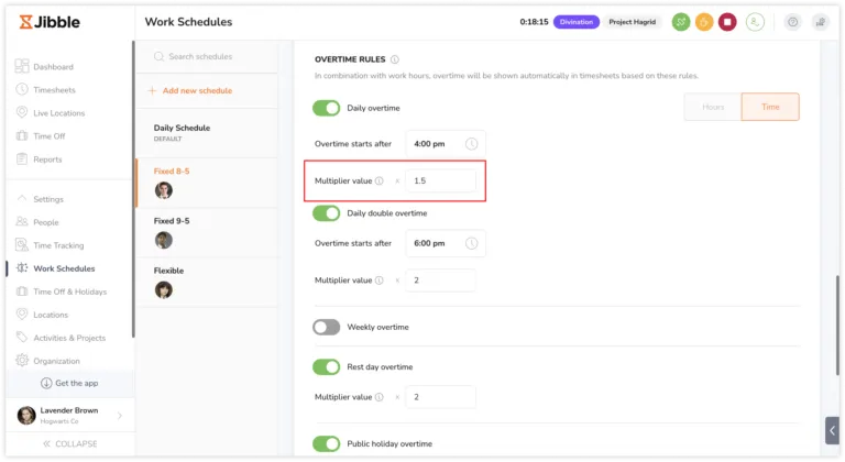 Defining multiplier values for overtime on the web app