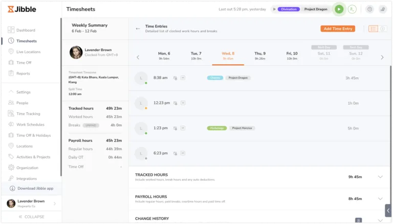 Detailed breakdown of time entries on timesheets