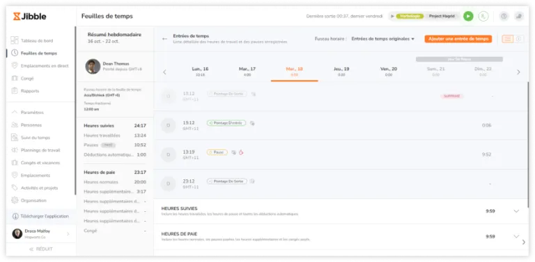 Detailed timesheets on the web app