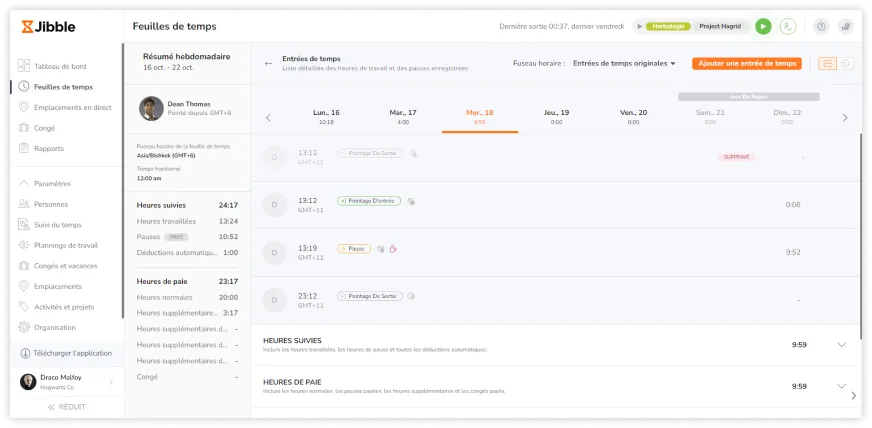 Detailed timesheets on the web app