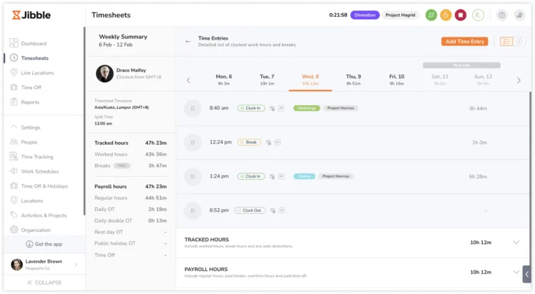 Detailed timesheet view on the web app
