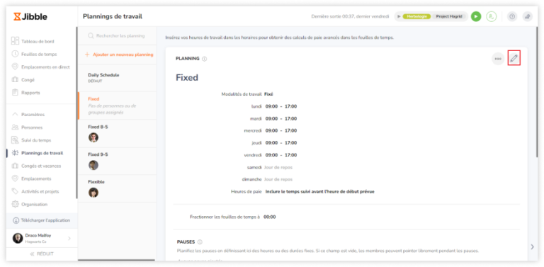 Making changes to work schedules on the web app