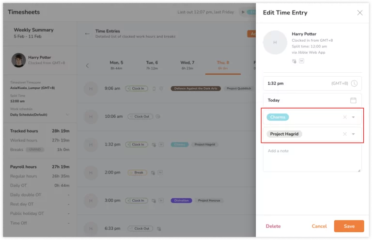Editing activity and project of time entries