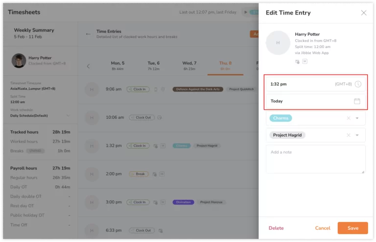 Editing date and time of time entries
