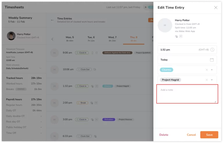 Editing note section of time entries