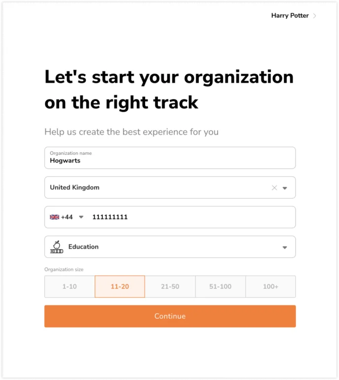 Entering organization details on web