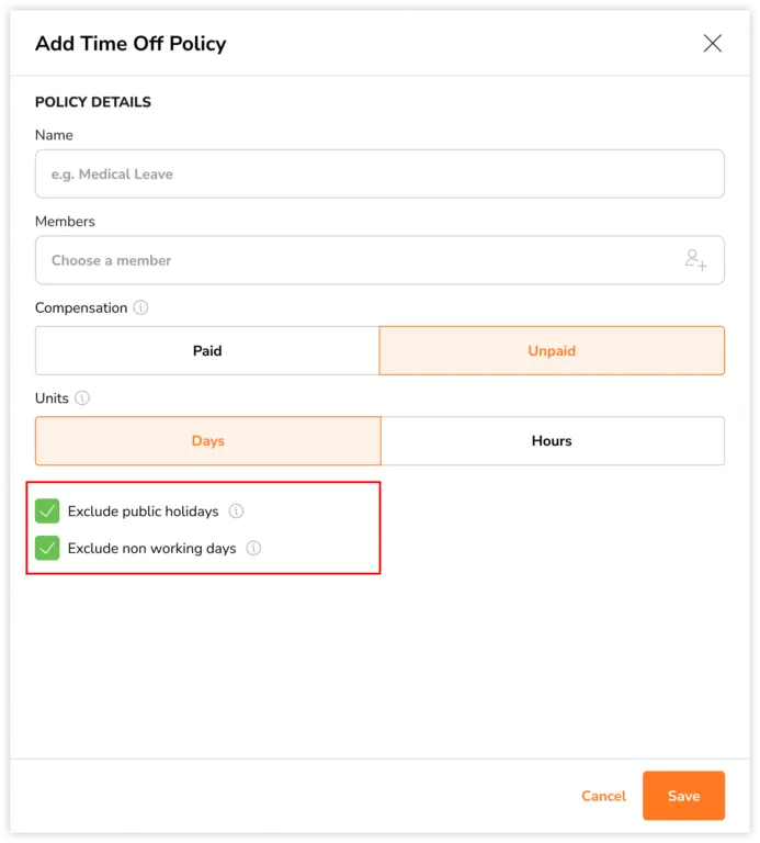 Excluding public holidays and rest days for unpaid time off policies on the web app