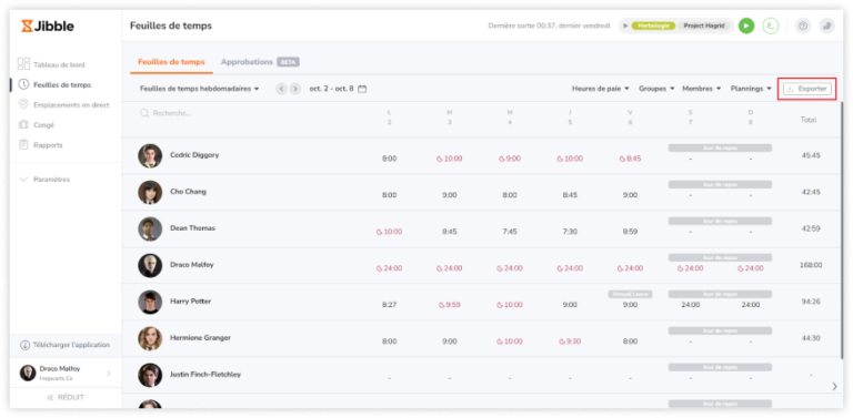 Exporting timesheets on the web app