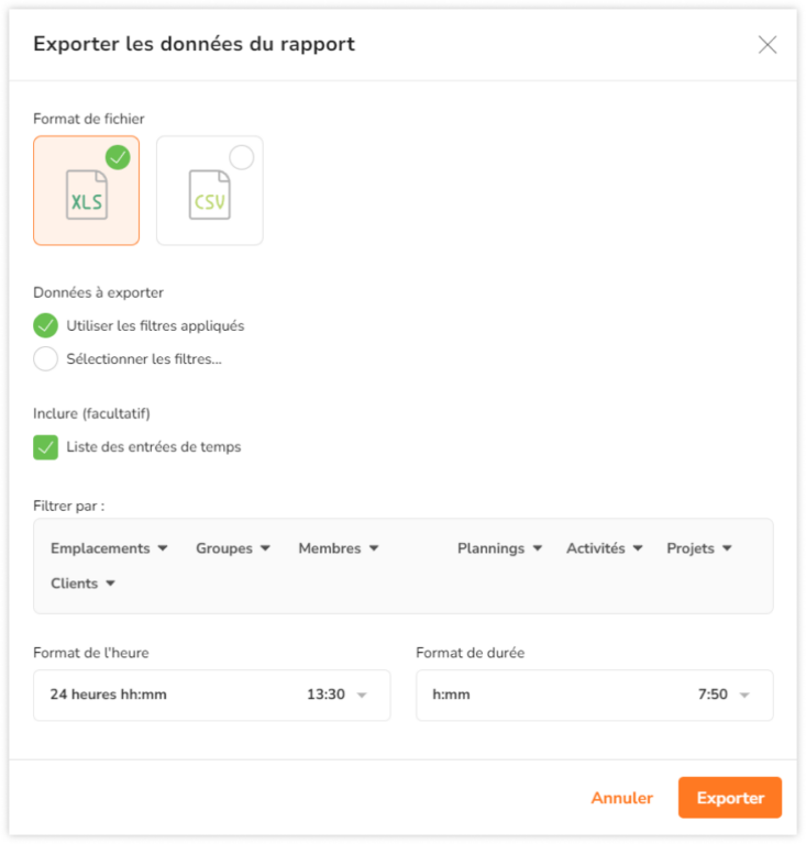 Exportation des rapports de temps suivi sur l'application web