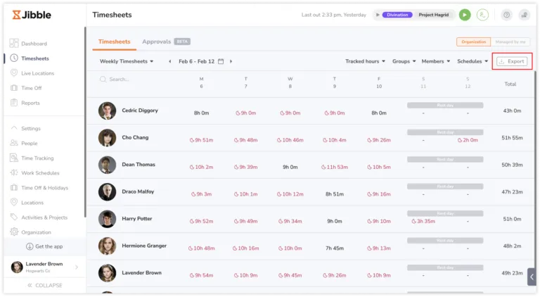 Exporting timesheets on the web app