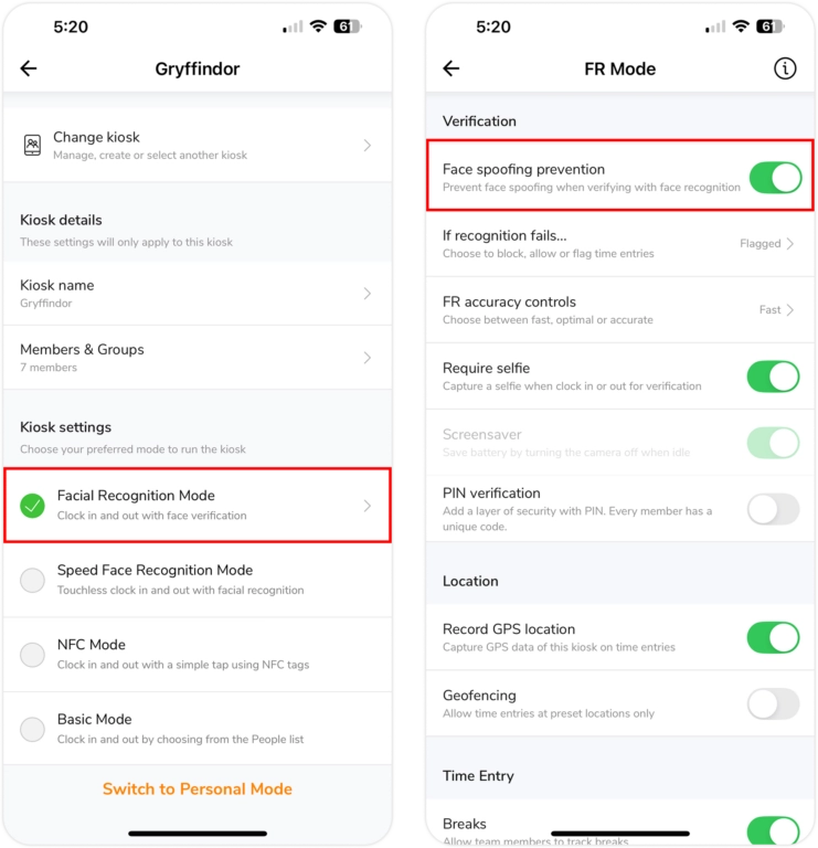Face spoofing on mobile
