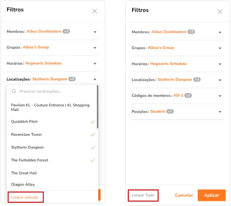 Botões de limpar filtros na barra lateral de localização em tempo real no aplicativo web