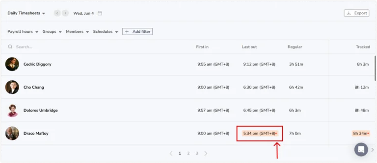 Daily team timesheets updated in real-time and shown as a red indicator when new time entries are added