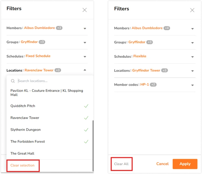 Buttons to clear filter on sidebar for live location on web app