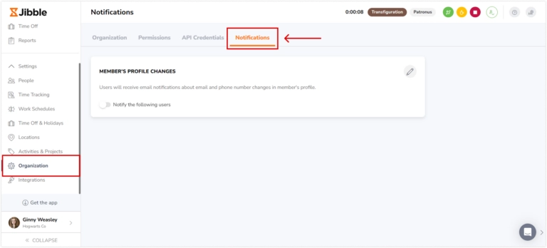 Notifications tab under Organizations