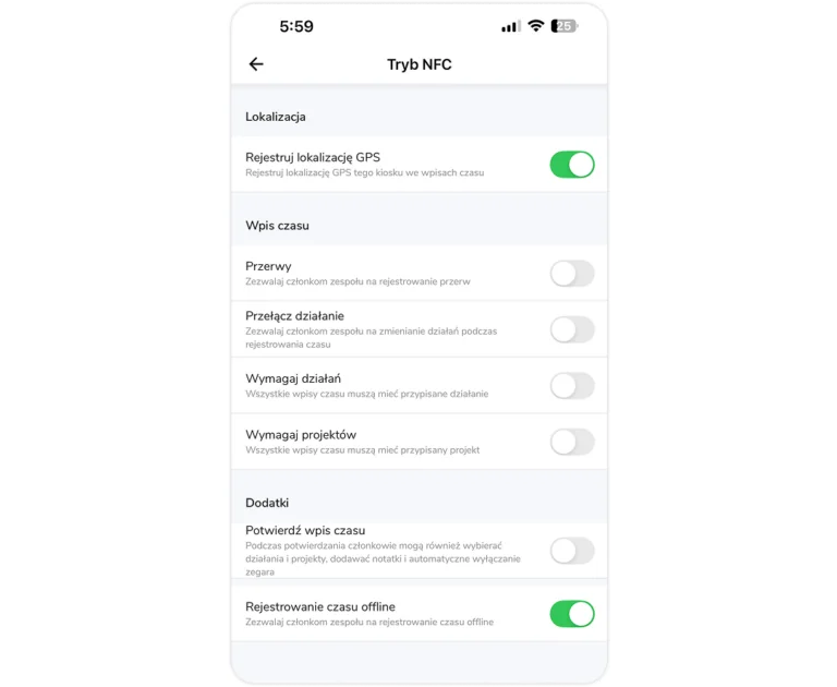 Opcje trybu NFC.