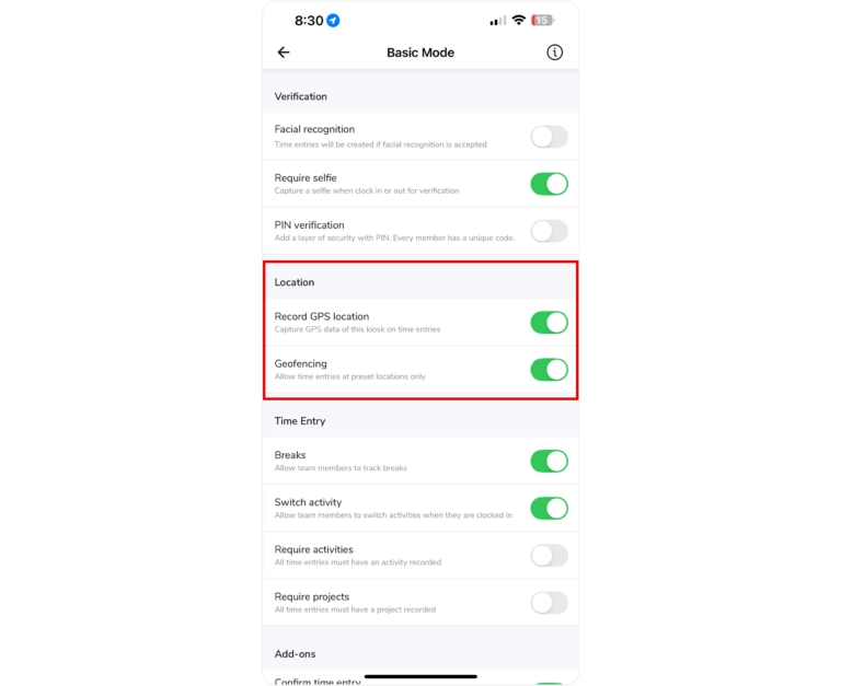 Location settings under kiosk settings