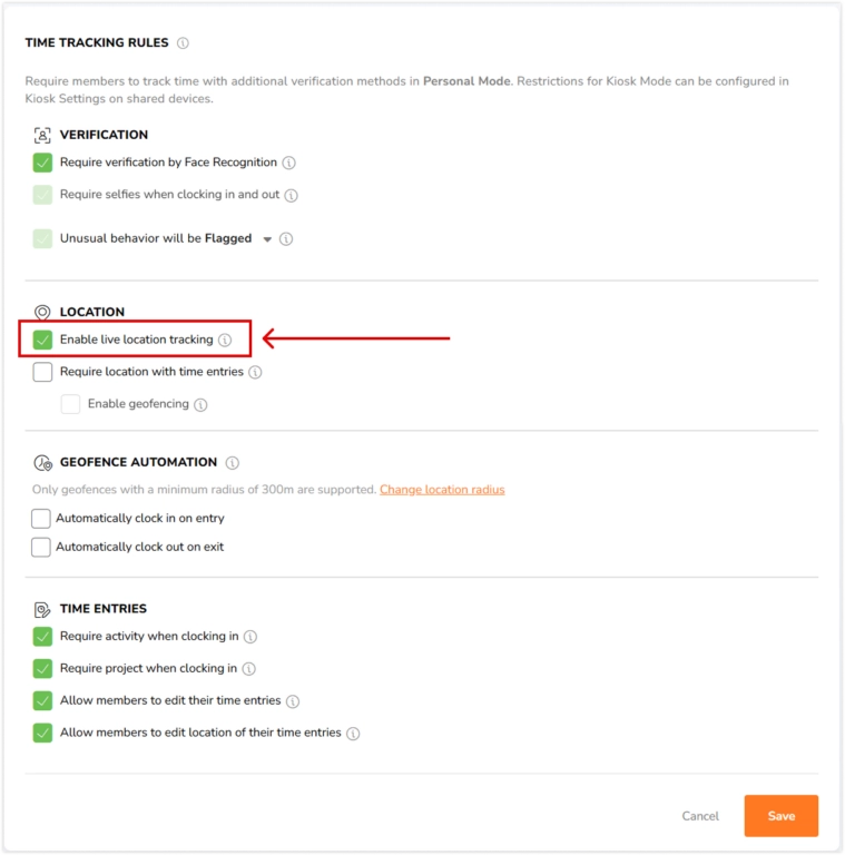 Enable live location tracking setting under time tracking rules