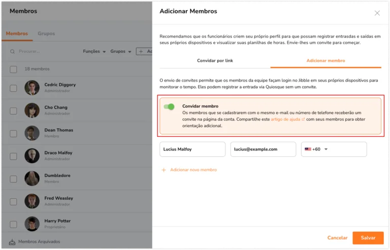 Ativando a opção para convidar membros