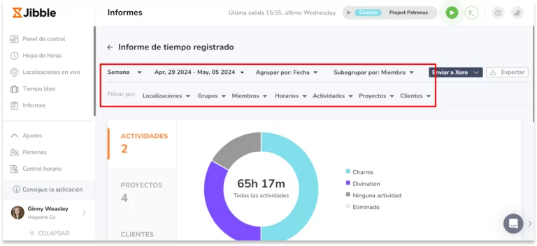 En la vista general del informe, puedes especificar un intervalo de fechas, elegir opciones de grupo y subgrupo, y aplicar filtros para detalles específicos.