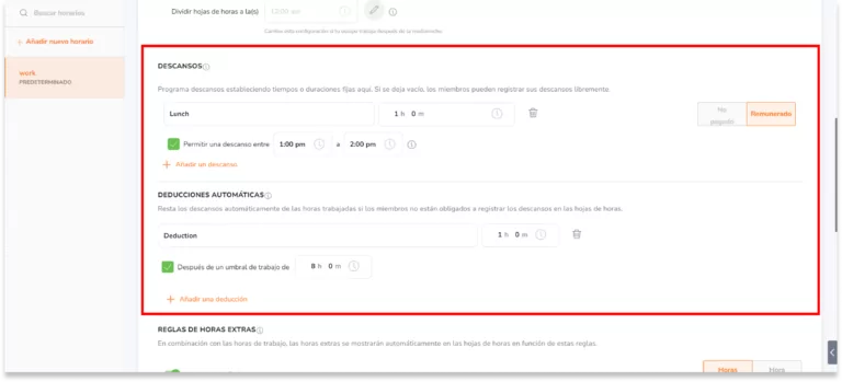 Una vez que hayas configurado tu horario de trabajo y las horas de trabajo, puedes proceder a configurar los descansos y las deducciones automáticas.