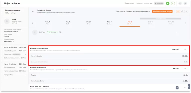 Para ver las deducciones automáticas, amplía la pestaña Horas registradas..
