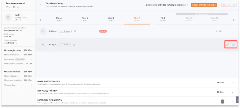 Pasos para eliminar una entrada de tiempo