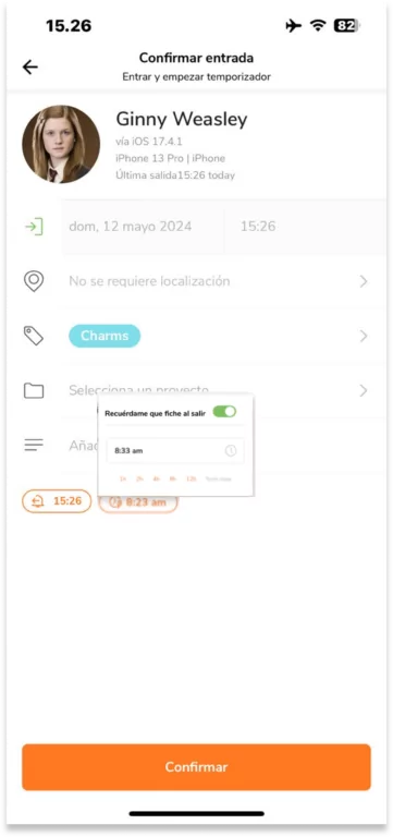 En la pantalla de confirmación del fichaje, haz clic en el chip de la parte inferior con el icono de un reloj y un rayo.