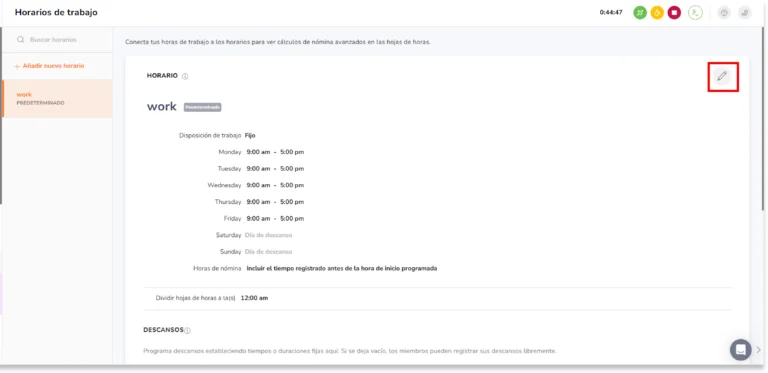 Haz clic en el icono del lápiz para acceder a la configuración del horario de trabajo y busca la sección "Reglas de horas extras".Haz clic en el icono del lápiz para acceder a la configuración del horario de trabajo y busca la sección "Reglas de horas extras".