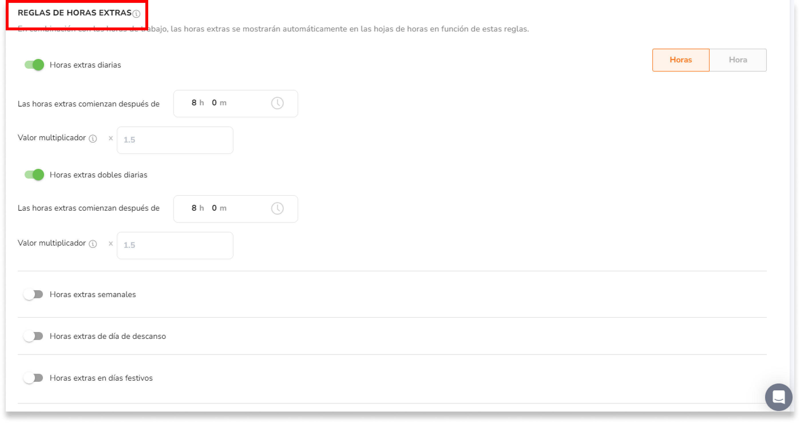 En la configuración de las reglas de horas extras, encontrará opciones para activar diferentes tipos de horas extras y definir umbrales y tasas multiplicadoras para cada una. 
