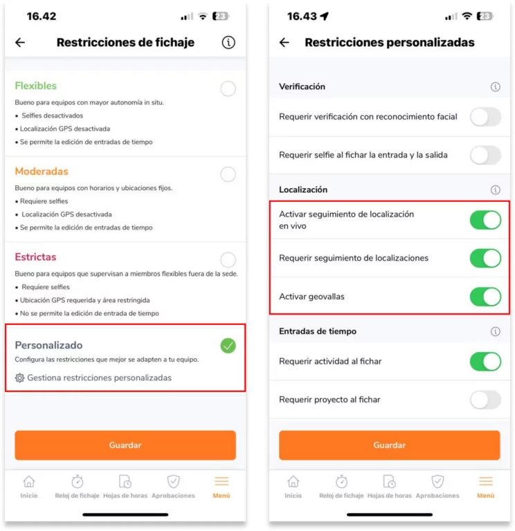 A continuación, activa las opciones "Requerir seguimiento de localización" y "Activar geovallas".