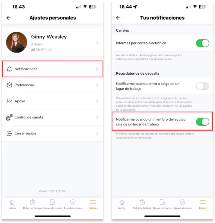 Ve a Menú > Ajustes personales > Notificaciones.