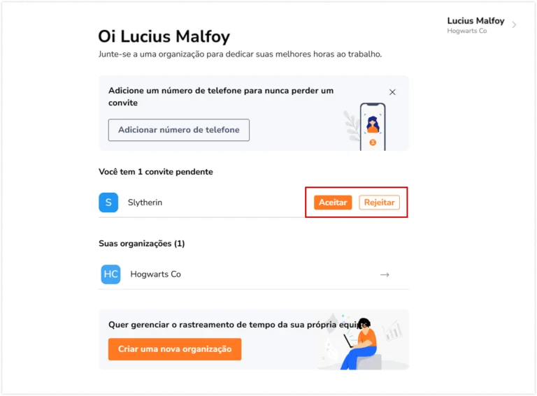 Aceitar convite pendente de uma organização