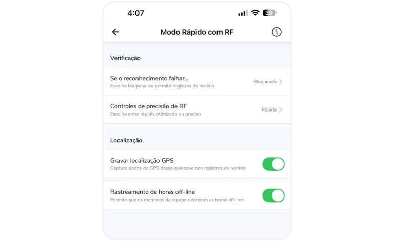 Configurações do modo rápido com reconhecimento facial no quisoque