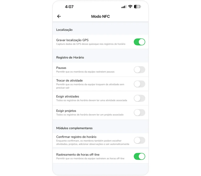 Configurações do modo NFC do quiosque