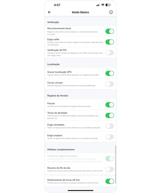 Configurações para modo básico do quiosque