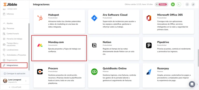 Monday.com under the list of available integratins