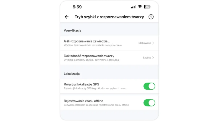 Zarządzanie ustawieniami kiosku w trybie szybkiego rozpoznawania twarzy.